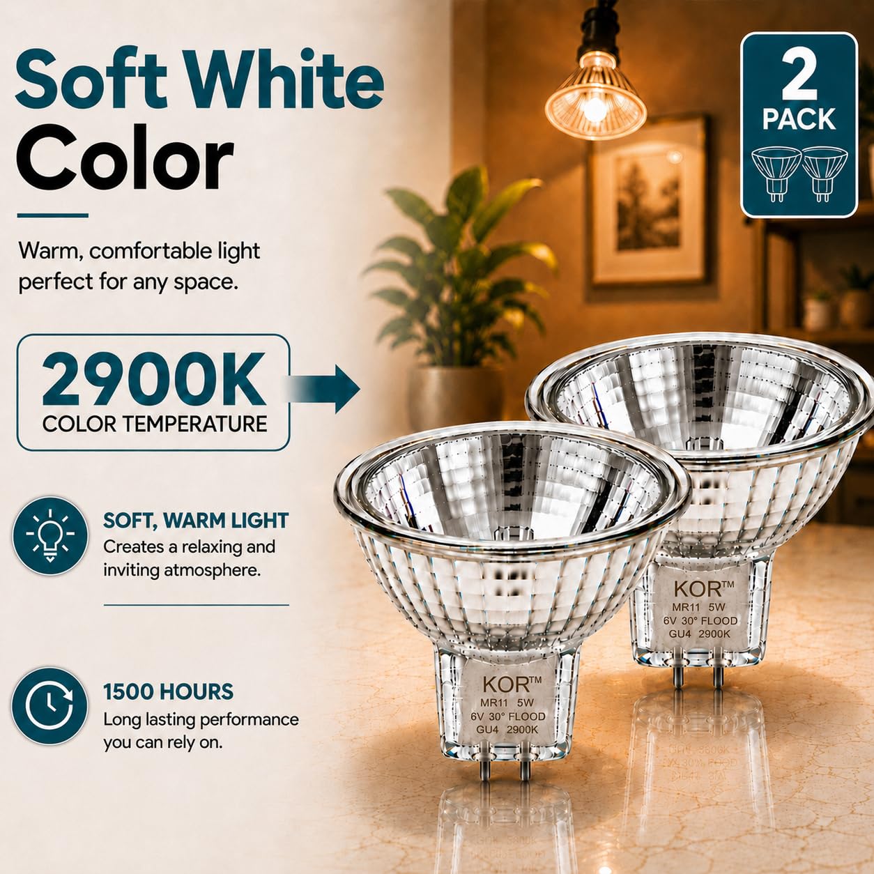 KOR MR11 5W 6V Halogen Reflector Light Bulbs, GU4 Bi-Pin, 2-Pack