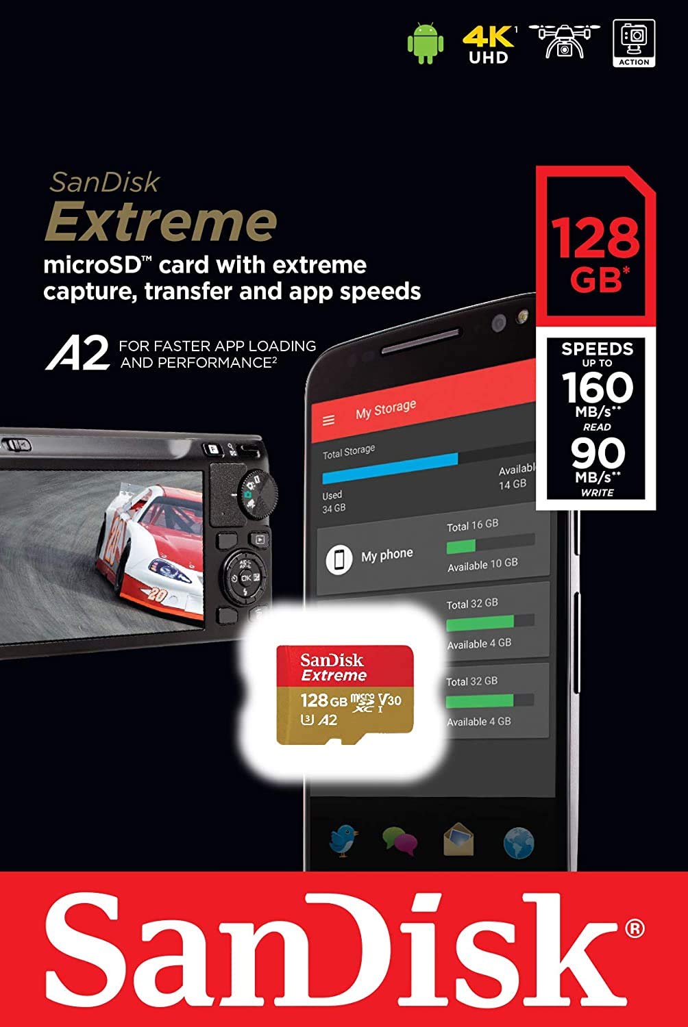 SanDisk 128GB Micro SDXC Extreme Memory Card for DJI Drones Works with Mini 3 Pro, Mini 3, DJI RC (SDSQXA1-128G-GN6MN) Class 10 Bundle with (1)