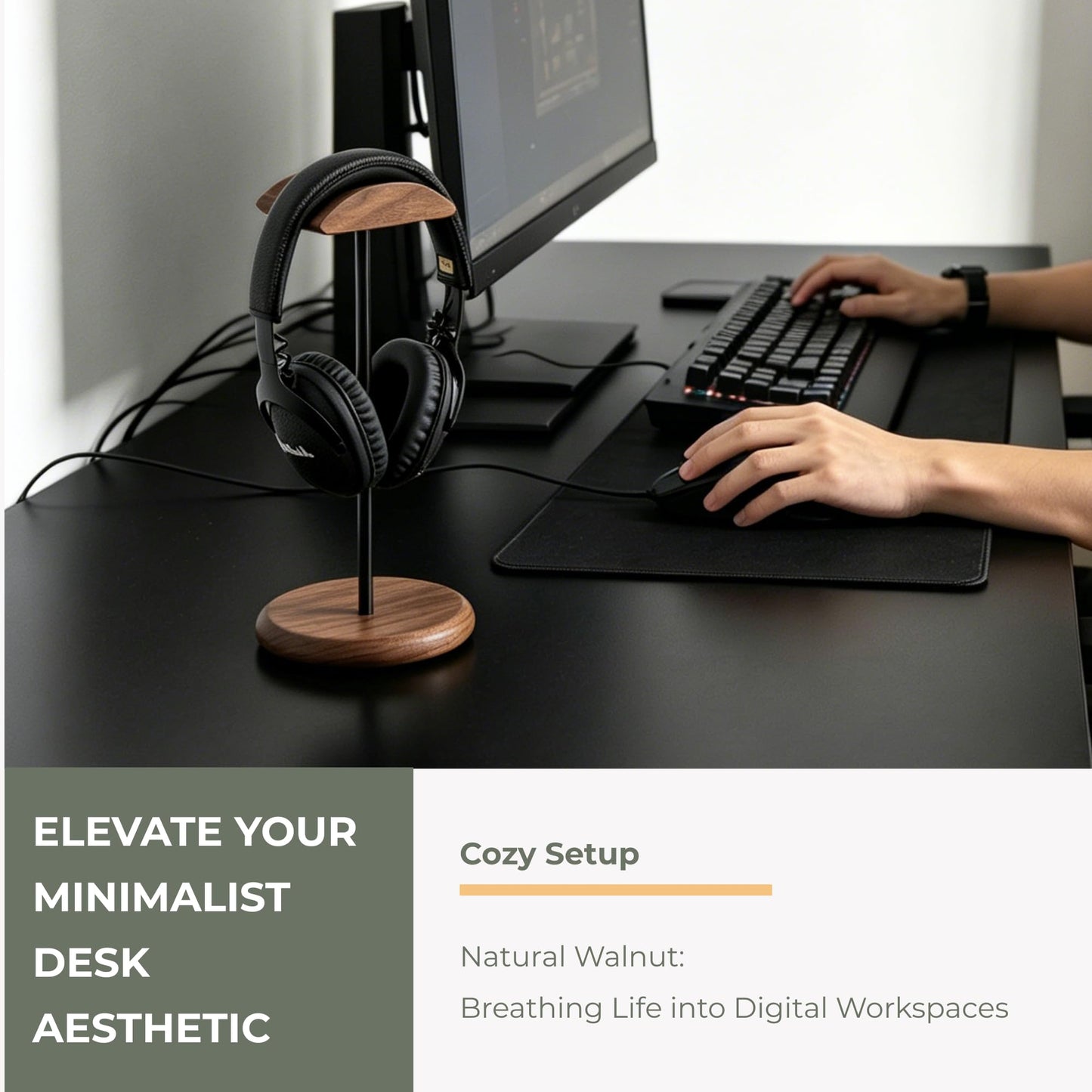 muso wood Walnut Wood & Aluminum Headset Stand, Desktop Headphone Stand, Headset Holder with Anti-slip Pad, Headphone Holder with Storage Base