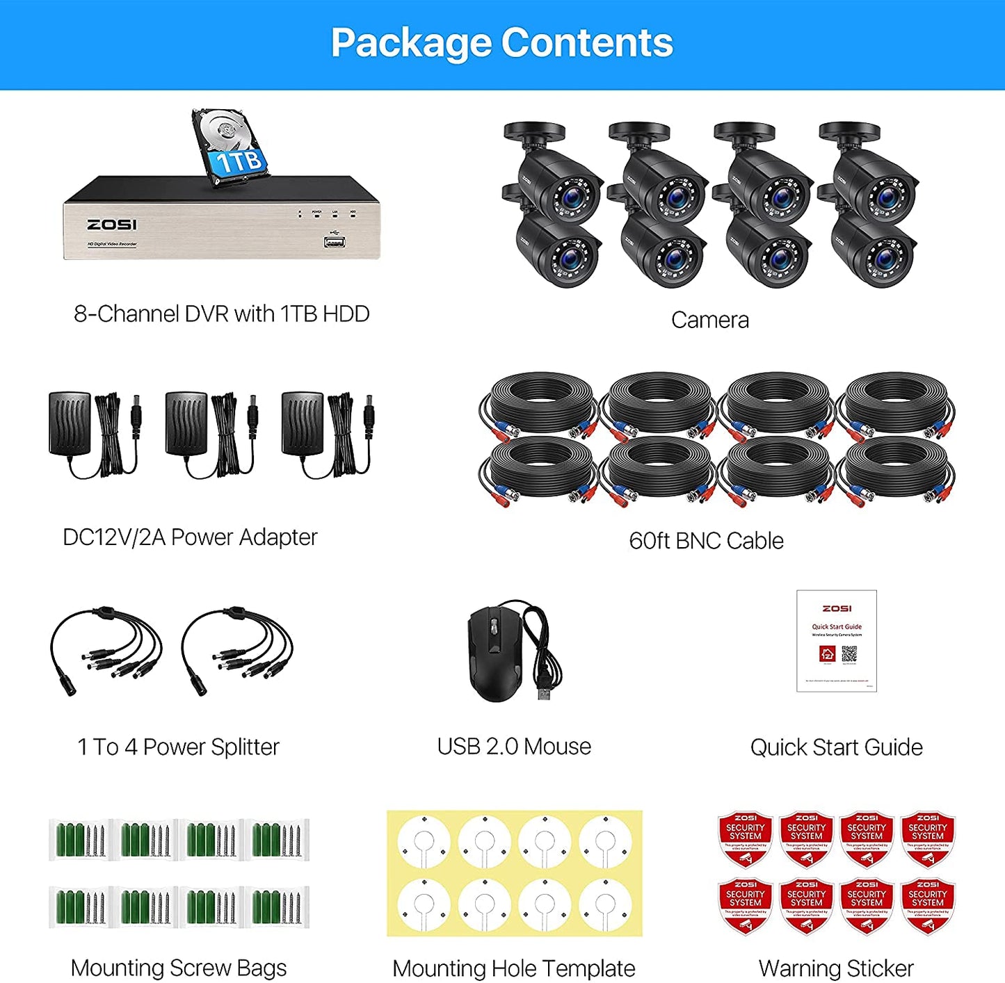 ZOSI 8CH 1080P Security Camera System with 1TB Hard Drive H.265+ 8 CH 5MP Lite Video DVR Recorder with 8X 1080P HD 1920TVL CCTV Cameras, Motion Alert