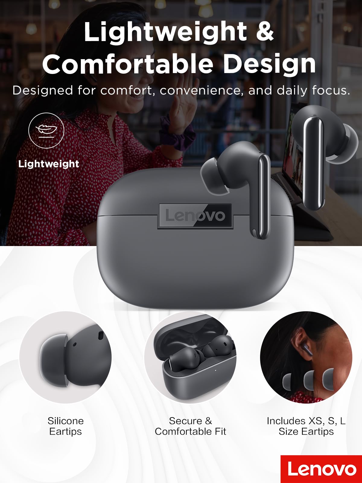 Lenovo TWS Earbuds - True Wireless Earbuds with Active Noise Cancellation, Dolby Atmos Sound, 3 Mic ENC, IP55, Thunder Grey