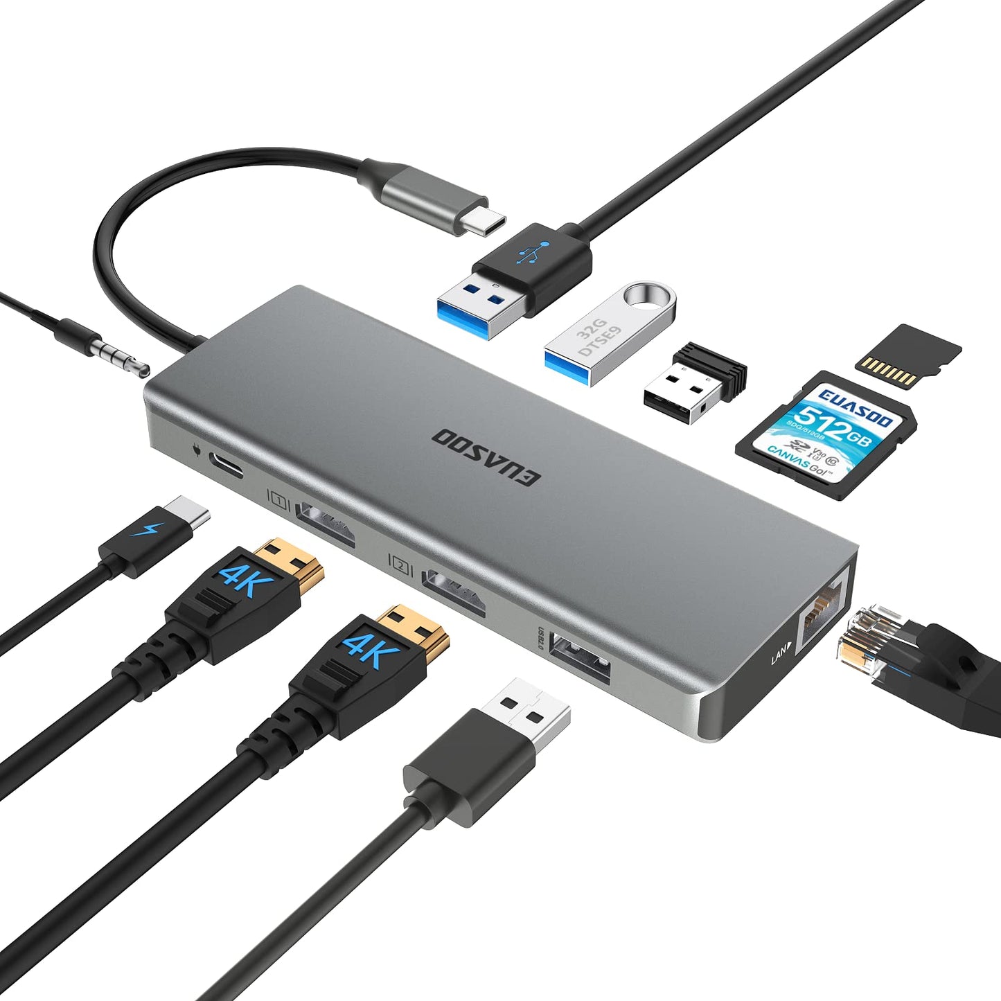 EUASOO 11 in 1 Triple Display USB C Docking Station with Dual 4K HDMI, 1000Mbps Gigabit Ethernet, PD 3.0, 4 USB Ports for MacBook, MacOS Only Support