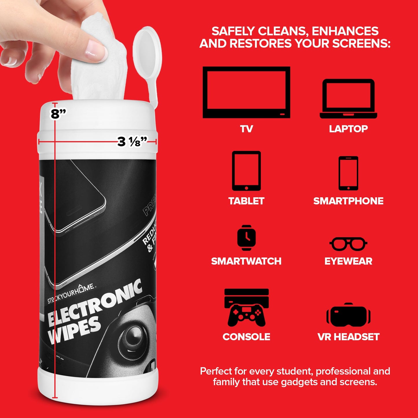 Electronic Screen Cleaner Wipes (80 Count, 2 Pack), Streak Free Pre-Moistened Wipes for Cleaning TVs, Laptops, Phones, Watches, Glasses, Cameras
