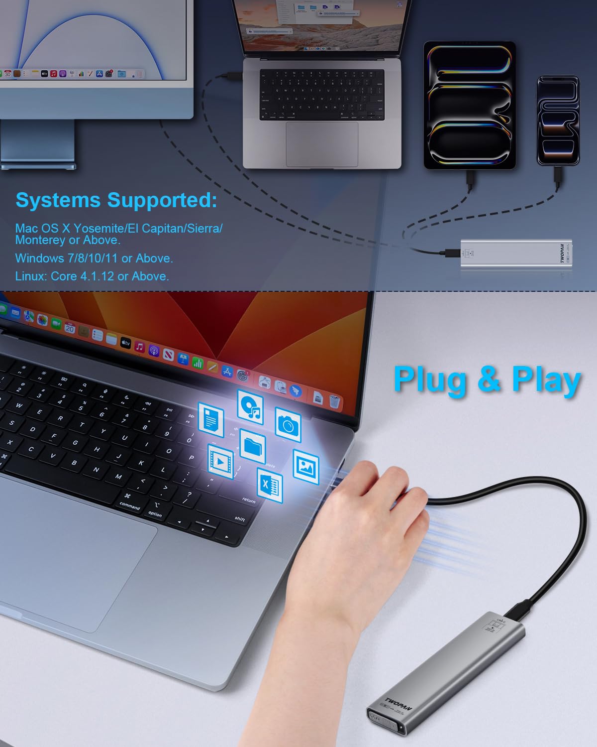 TWOPAN Aluminum M.2 NVMe SSD Enclosure, Tool-Free USB-C 3.2 Gen2 (10Gbps ) Portable External SSD Case for 2230/2242/2260/2280 M-Key/B+M Key Drives