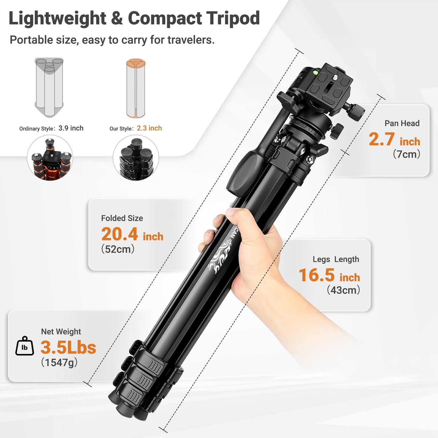 Joilcan 66" Travel Tripod for Camera, Aluminum Compact Tripod with Pan Head, Detachable Center Axis, Cell Phone Holder & Carry Bag, Max Load 22lbs