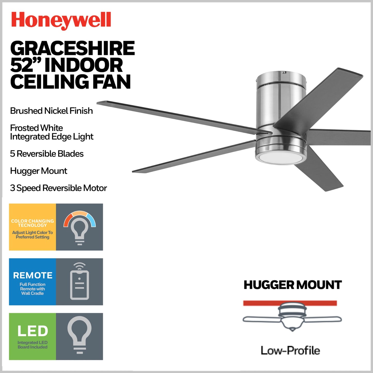 Honeywell Graceshire 52 Inch Ceiling Fan with Color Changing LED Light and Remote Control, 5 Blades, Reversible Airflow, Brushed Nickel
