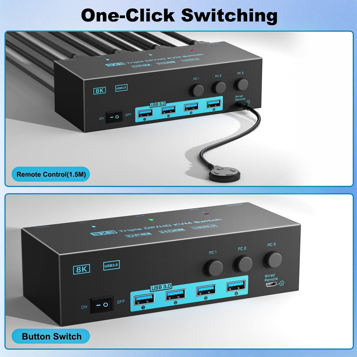 8K/4K KVM Switch 3 Monitors 3 Computers Triple Monitor 3 Port 2 Displayport 1.4 and HDMI 2.1 USB 3.0 KVM Switches, DP 1.4 Supports 8K@30Hz/4K@144Hz