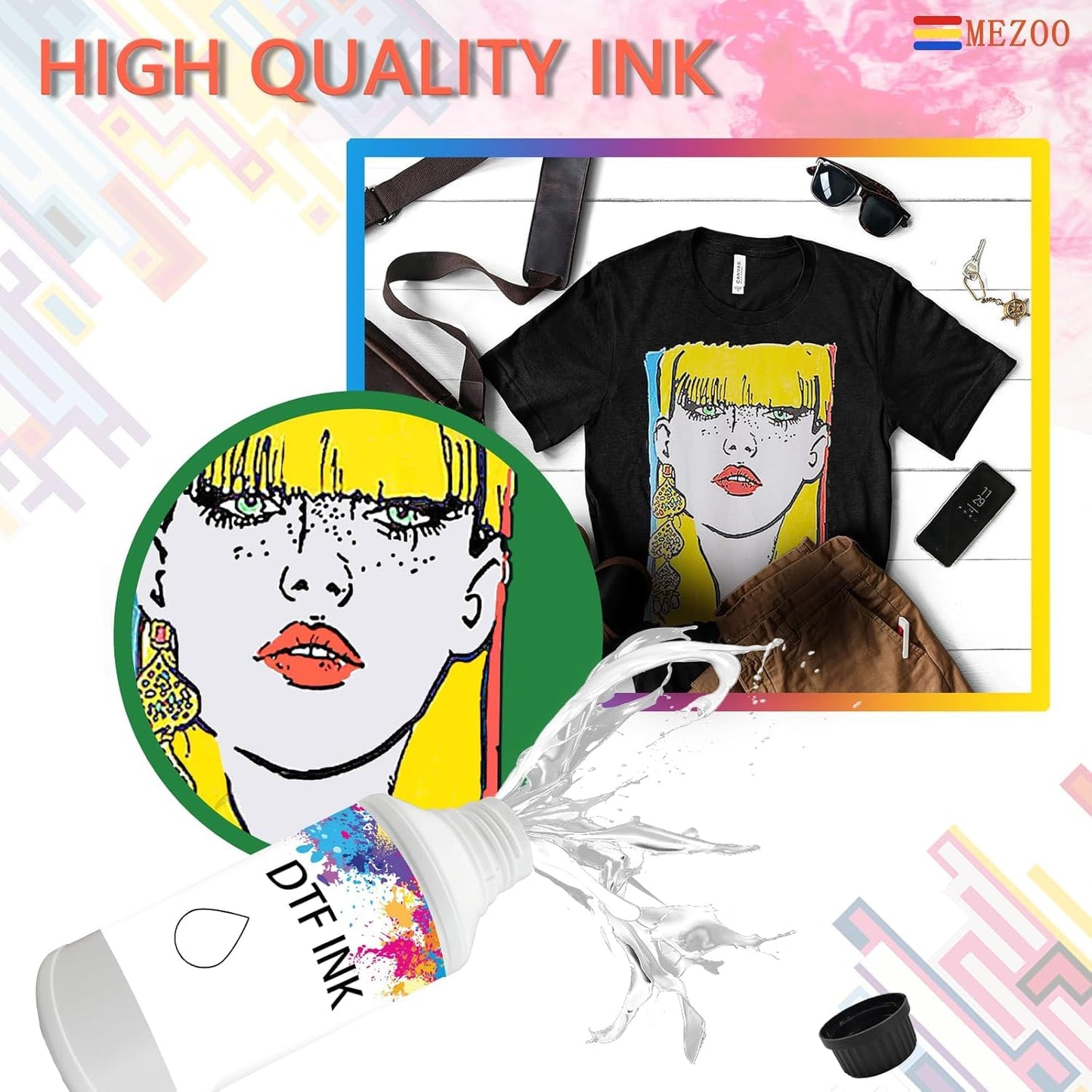 MEZOO DTF White Ink 1000ml Premium DTF Ink for Film Heat Transfer Printing Compatible for DTF Printers with Printhead L1800 L805 XP15000 R1390 4720