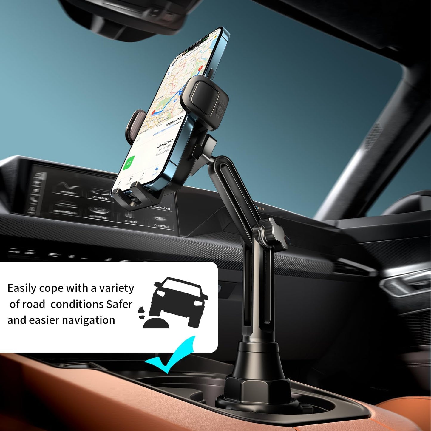 Adjustable Cup Phone Holder for Car Mount - 360° Rotation, Fits Car Cup Hole 2.5-4.1" Diameter, Wide Compatibility with 4.0-7.0 Inches Cell Phones
