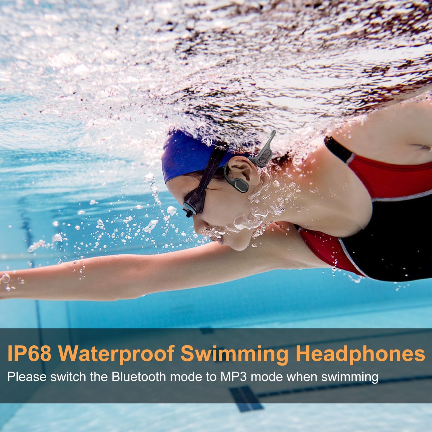 RR SPORTS IP68 Waterproof Swimming Headphones, Bone Conduction Bluetooth 6.0 Headphones, Built-in 32GB MP3 Player, Lightweight Open-Ear Design