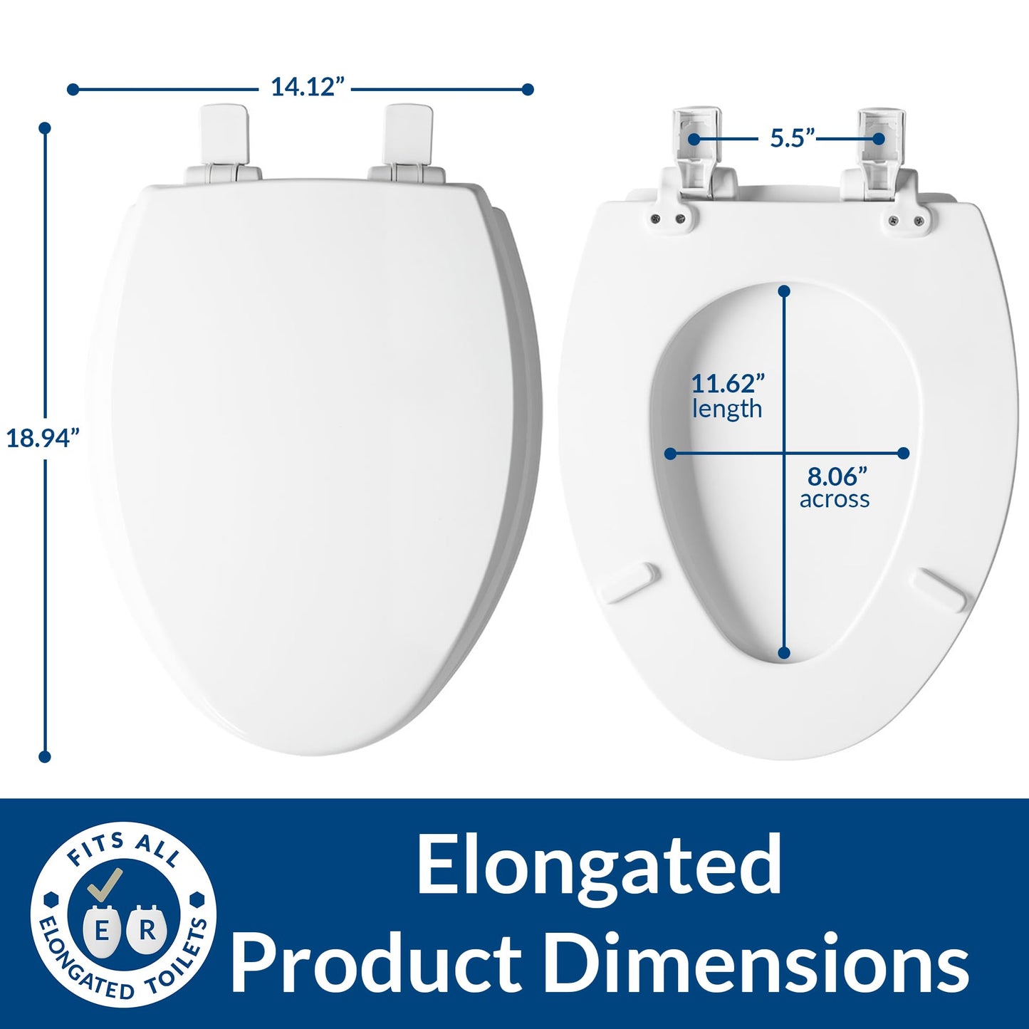 Mayfair Cassel Slow Close Elongated Toilet Seat, Easy Clean & Non-Slip Premium Wood, Easy Install, Made in USA, White