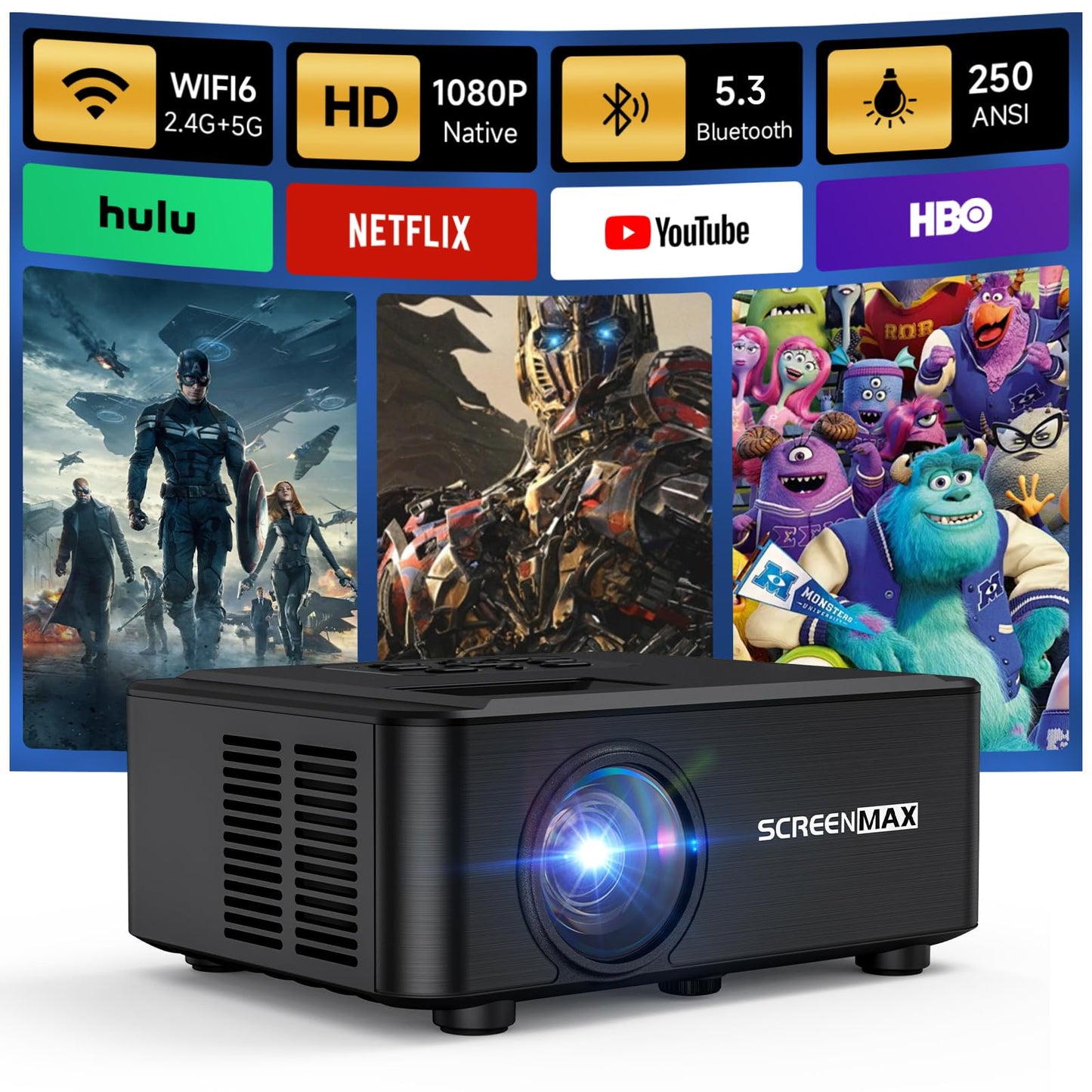 Projector with WIFI and Bluetooth, Native 1080P Bluetooth Projector, Full HD Portable Outdoor Movie Projector with Built-in Speaker, Compatible