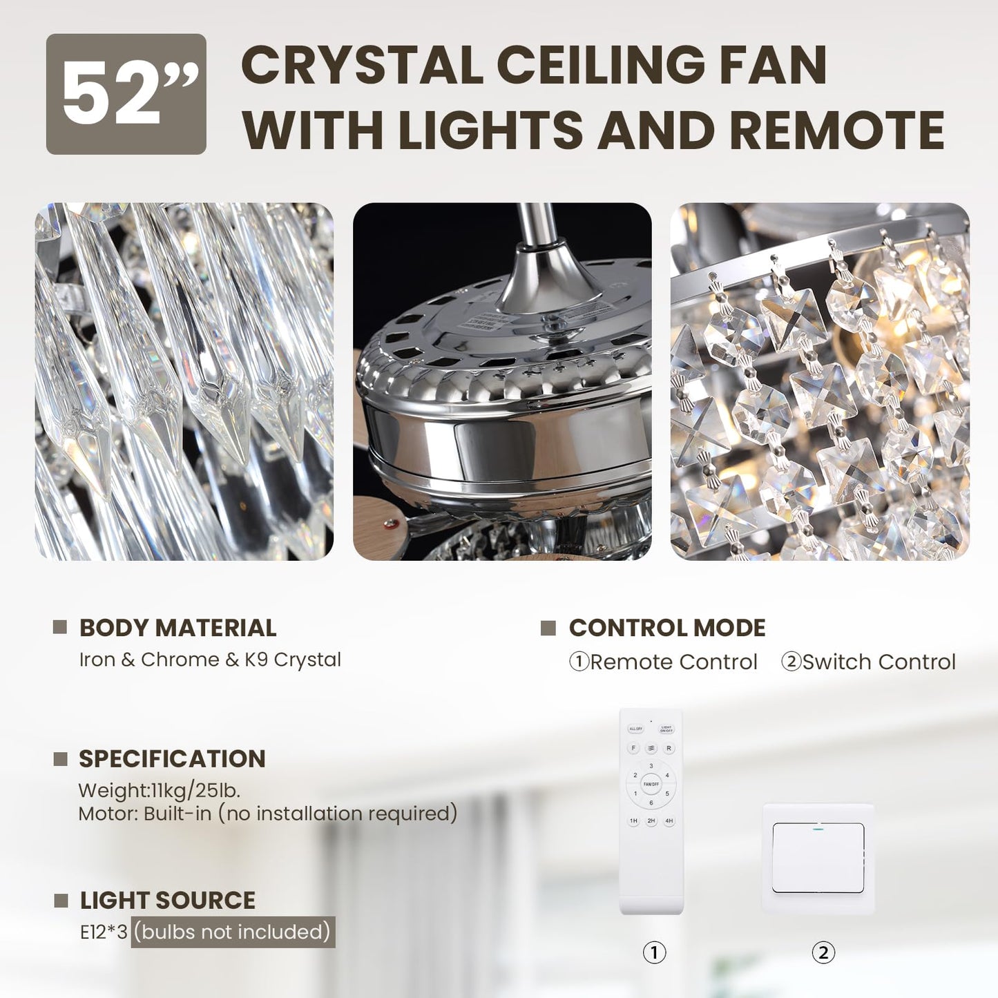 MOOONICHE 52" Modern Fandelier, Crystal Ceiling Fan with Lights and Remote, Sliver Elegant Chandelier Fan Light with 5 Wooden Dual-Sided Blades