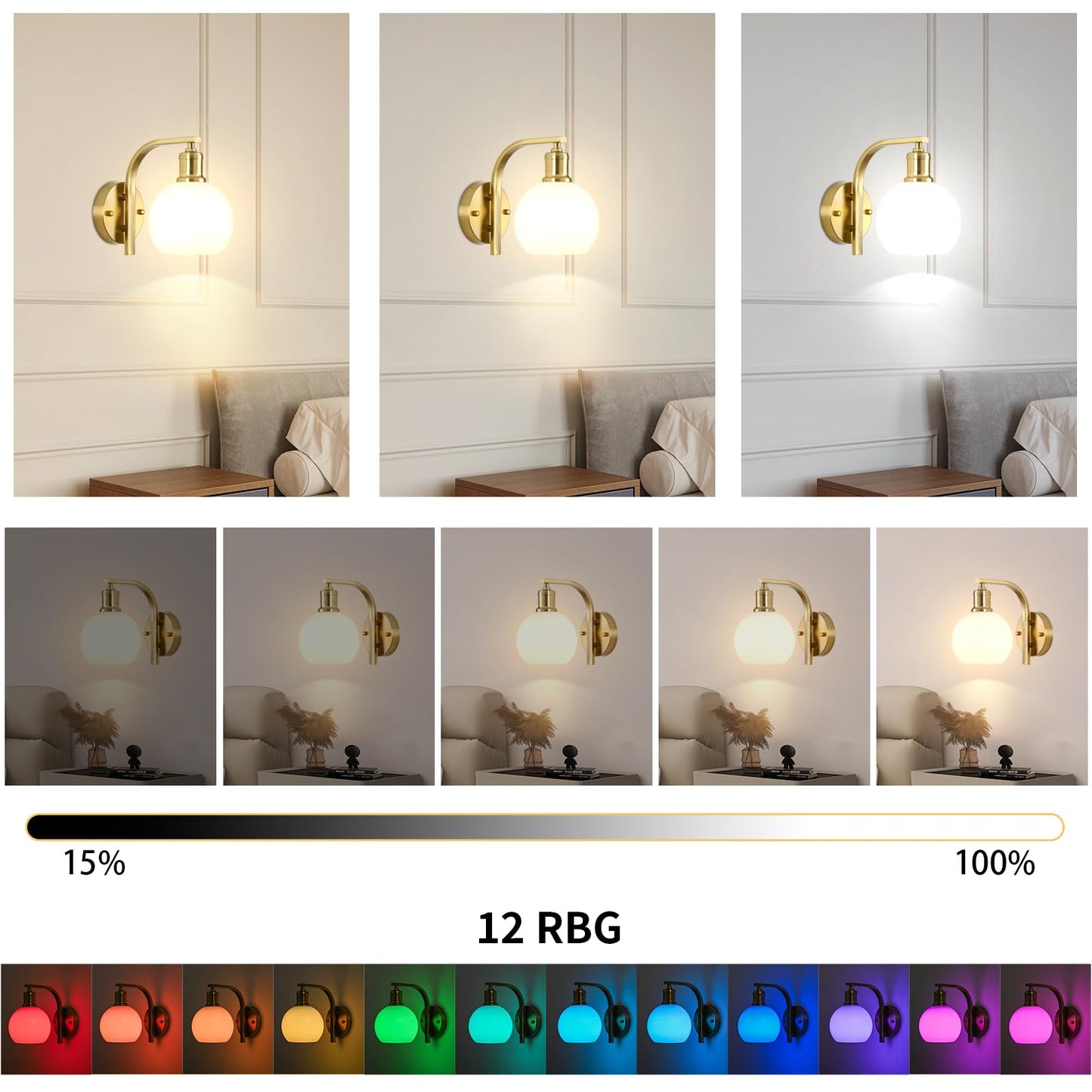 KernLite Battery Operated Wall Sconce Set of 2, Gold Wireless Rechargeable Wall Lights with Milky Frosted Shade, 12 RGB and 3CCT Dimmable Cordless