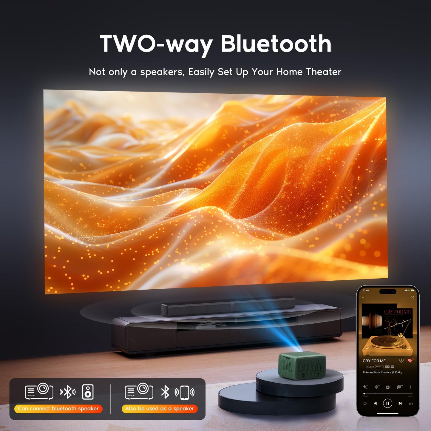 ?Electric Focus?Mini Projector with WiFi and Bluetooth, Portable Movie Projector with Zoom Function, Compatible with Phone/TV