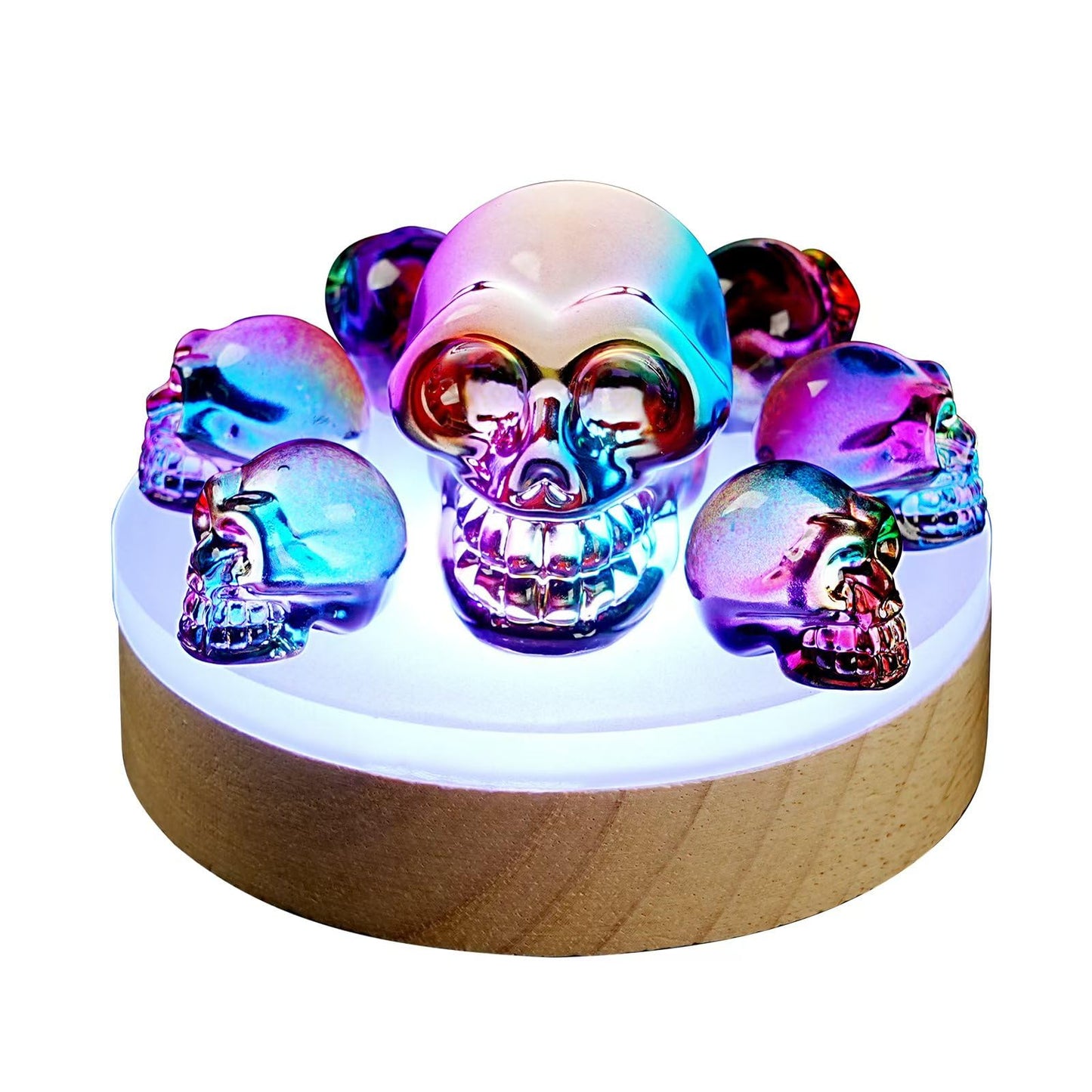 Crystal Skull Night Light with K9 Rainbow Skull , RGB LED Lighting &Wood color design Base Gift Box 7 Vibrant Color Changes,Gift for Halloween