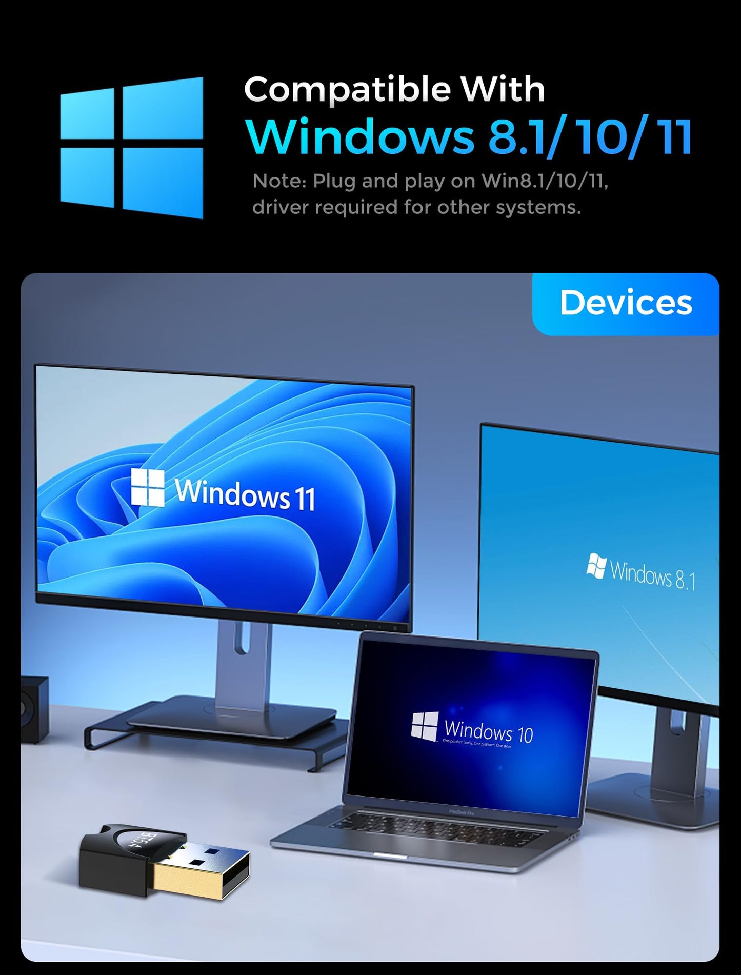 gliship 5.4 USB Bluetooth Adapter for PC, Dual Mode (BLE+EDR) Plug & Play, Up to 7 Devices, Compatible with Windows 11/10/8.1