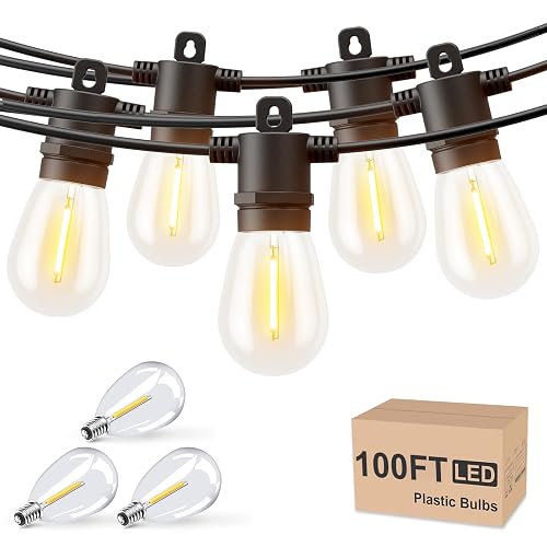 Svater Outdoor String Lights 100 FT, Patio for Outside with Shatterproof S14 Bulbs, Waterproof LED Hanging Light for Cafe Backyard Bistro Party, Warm