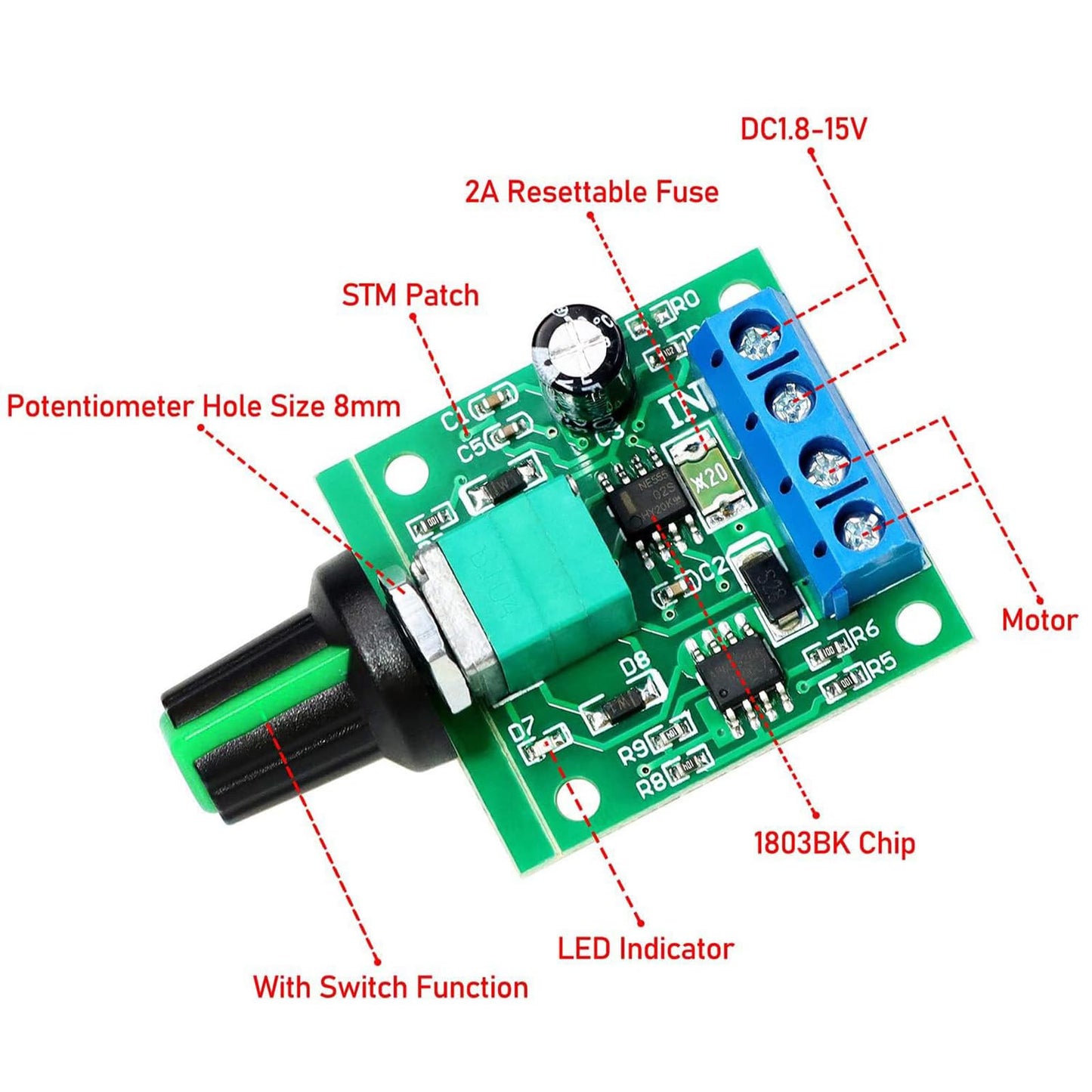 KEAcvise 12-Pack 1803BK/B PWM Motor Speed Controller - 1.8-12V DC Input, 2A Max Output with Adjustable Knob, for Model Cars/DIY Robotics/RC…