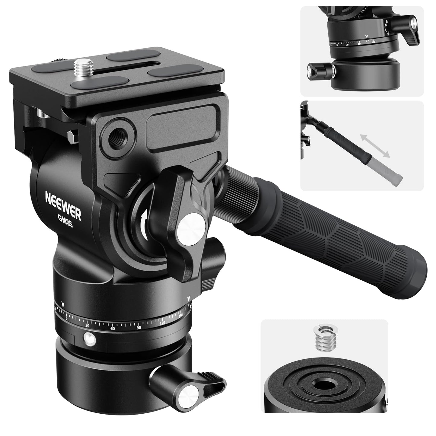 NEEWER Tripod Fluid Head with +/-7° Leveling Base (?48mm), Metal Mini Pan Tilt Video Head Mount with Arca Type QR Plate, Telescopic Handle for Compact