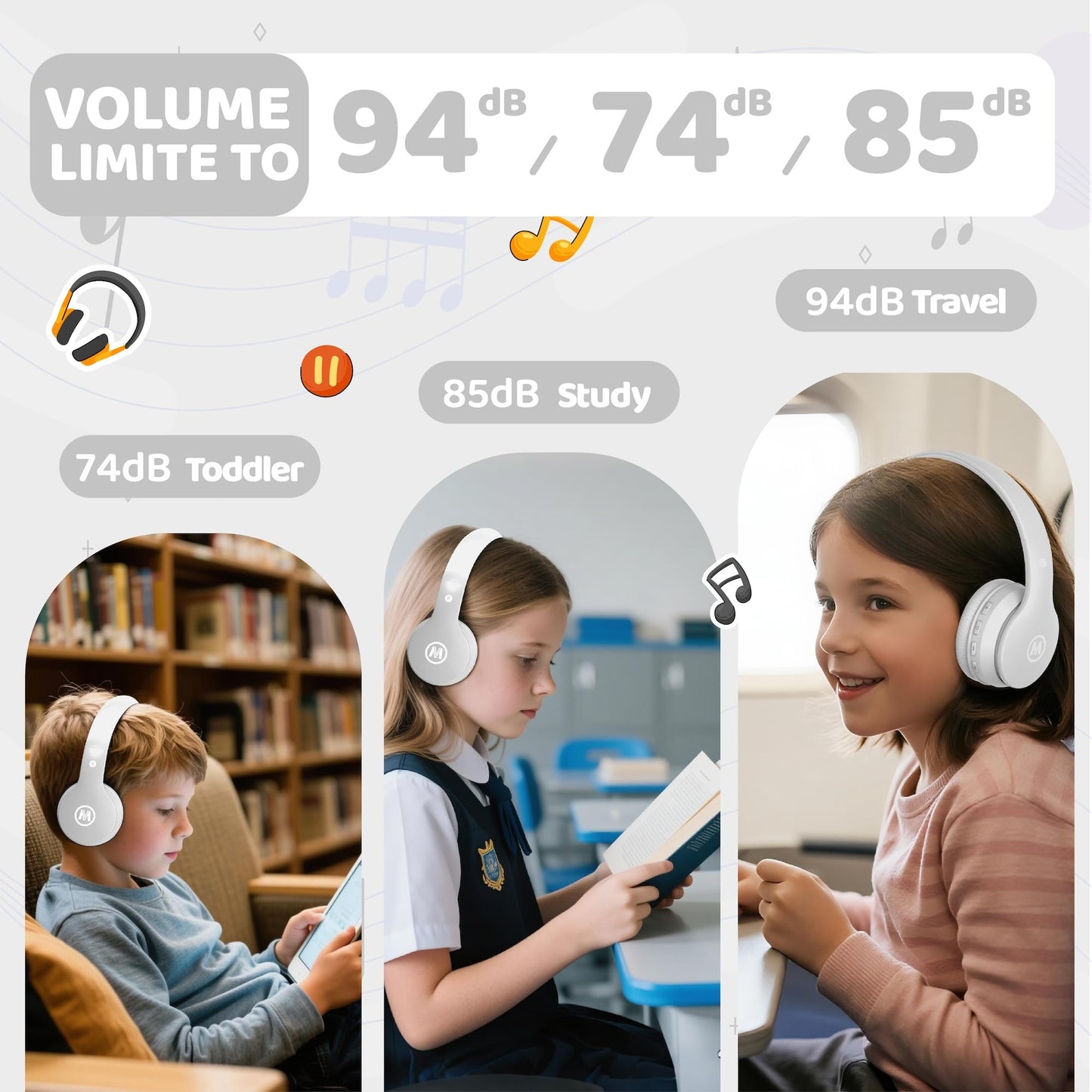 Mokata Headphones Kids Bluetooth 5.4 Wireless Play Time 68H Safe Volume Limit 85/94dB Over-Ear Foldable Headset,Fast Charging,with Aux Cord Built-in…