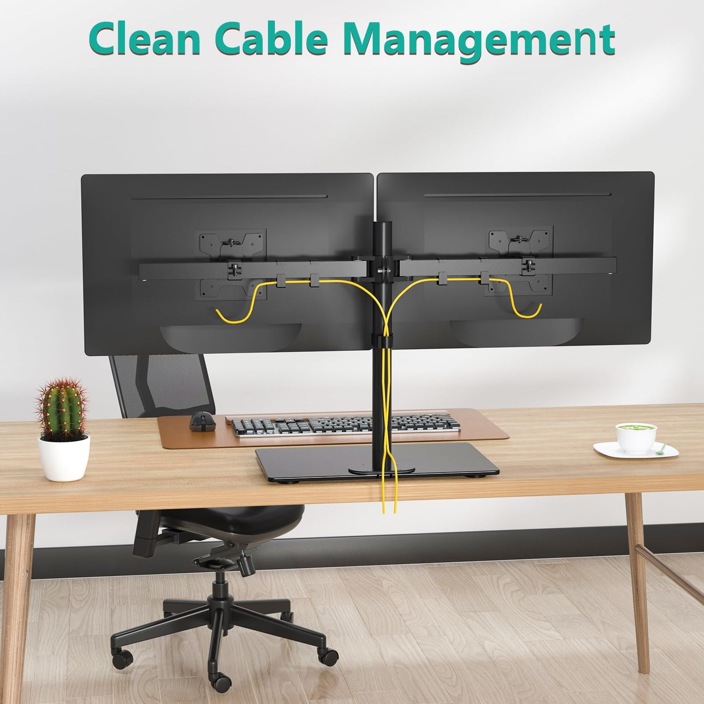 WALI Free Standing Dual Monitor Stand, Height Adjustable Monitor Mount with Glass Base, Fits LCD LED Flat Curved Screen up to 27 inch, 22lbs