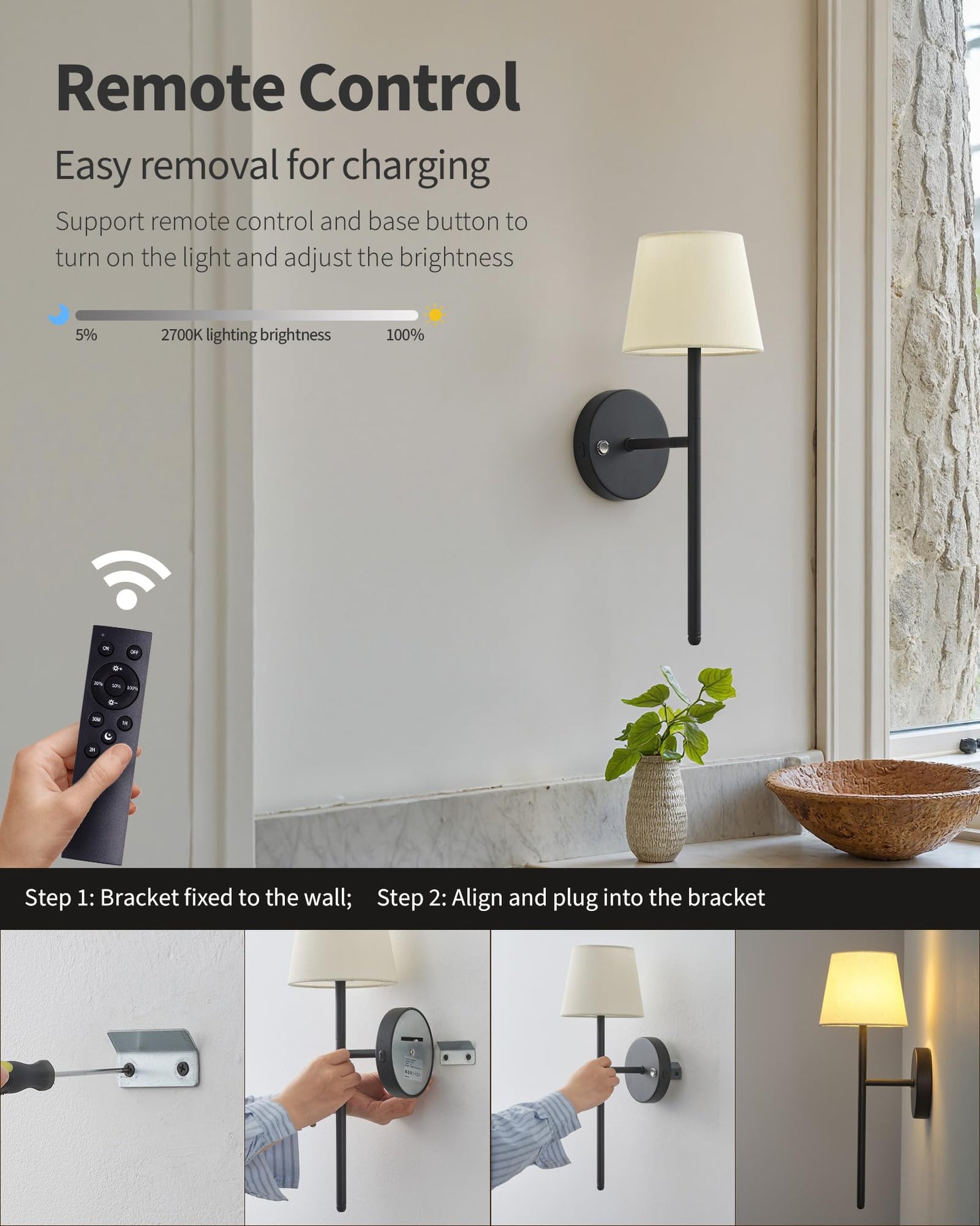 NEWSEE Battery Operated Wall Sconce Set of 2, Small LED Rechargeable Wall Lights with Remote, 5200mAh Dimmable Fabric Shade Cordless Wall Lamp