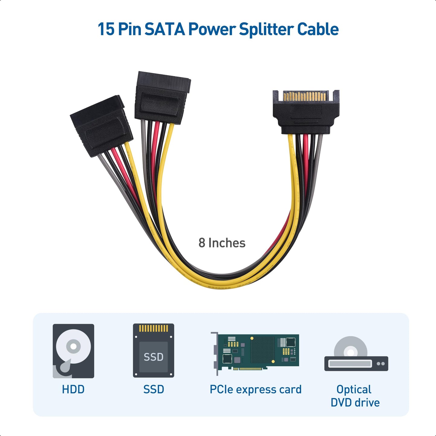 Cable Matters 3-Pack 15 Pin SATA Power Splitter Cable - 8 Inches, SATA Power Y-Splitter Cable