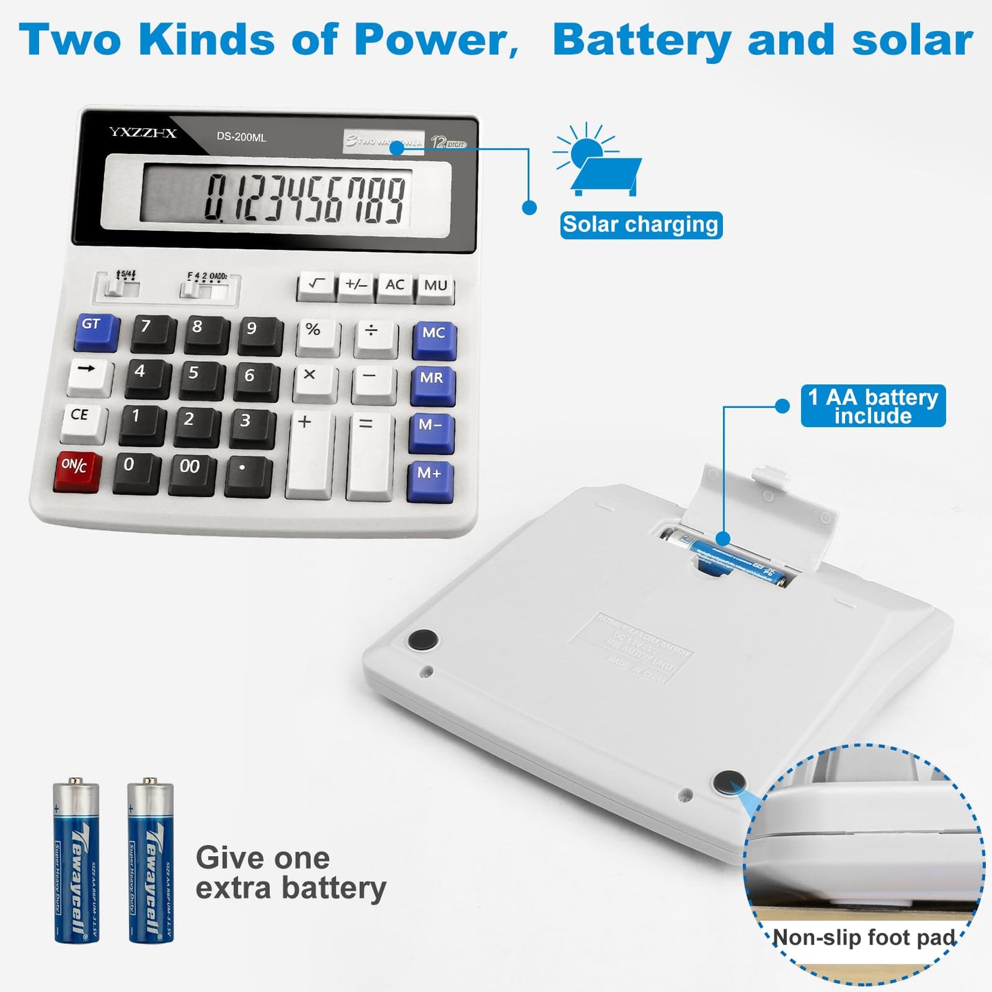 Desk Calculator 12 Digit Extra Large 4.3-Inch LCD Display, Two Way Power Battery and Solar Calculators Desktop, Big Buttons Easy to Press Used as
