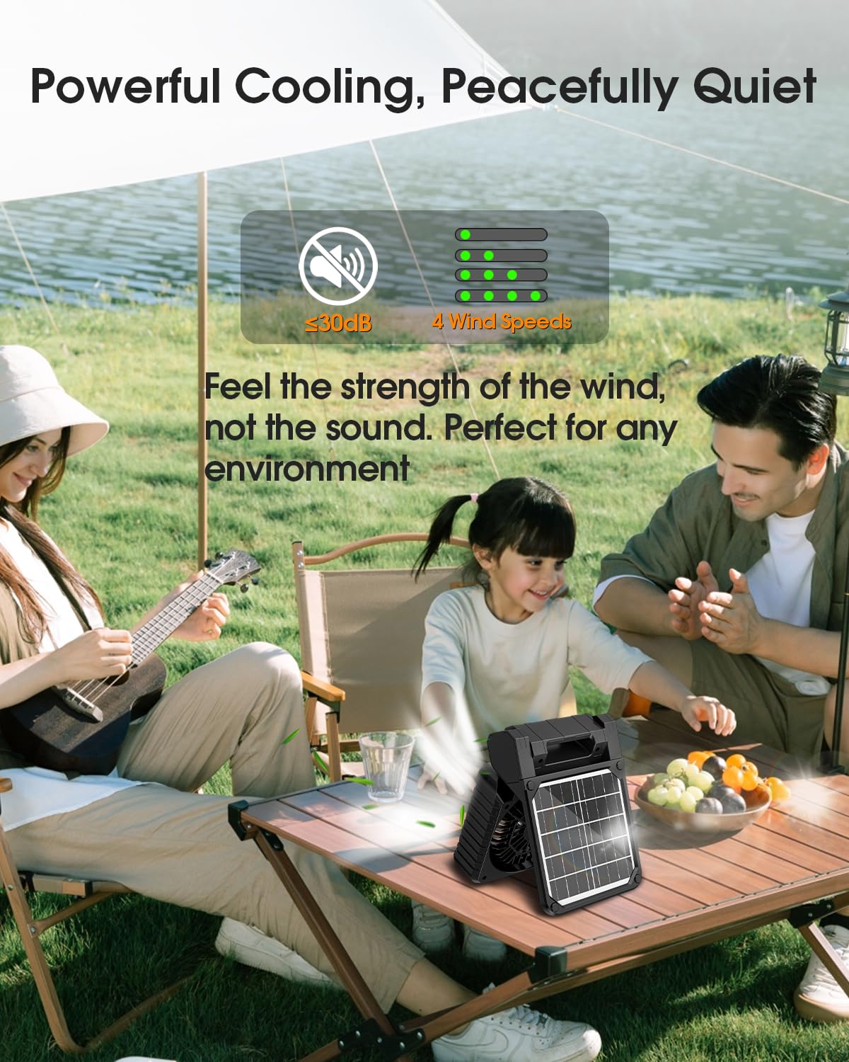 Solar Camping Fan 10400mAh, Solar Powered Fan with LED Lantern, 7W Rechargeable Battery Operated Fans for Outside, 4 Speeds, 2-8H Timer and Quiet
