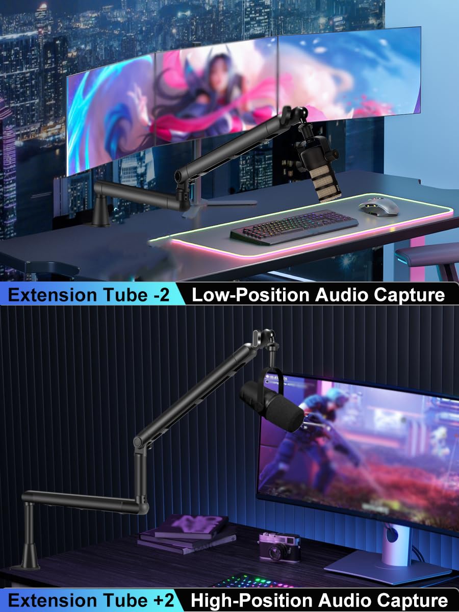 BOSEEN Low Profile Mic Arm Stand,Adjustable Desk Clamp Mic Boom Arm with 360°Swivel and Detachable Rise Column?Built-In Cable Management,with Mic Clip