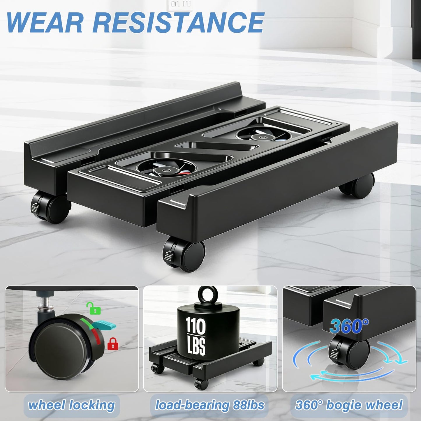 Hmseng PC Stand for PC Tower With F, Computer Desktop Stand with 4 Lockable Castors, Universal Adjustable CPU Stand with Wheels - (New Black)