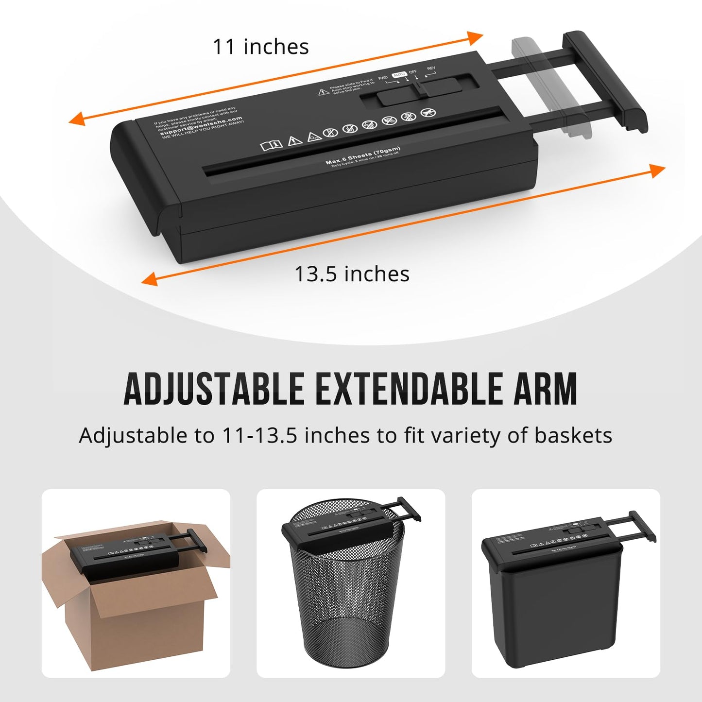 6-Sheet Strip Cut Paper for Home Office, Small Paper Shredder with Auto-Off Compact, Portable Design, No Basket, Extendable Arm, Black