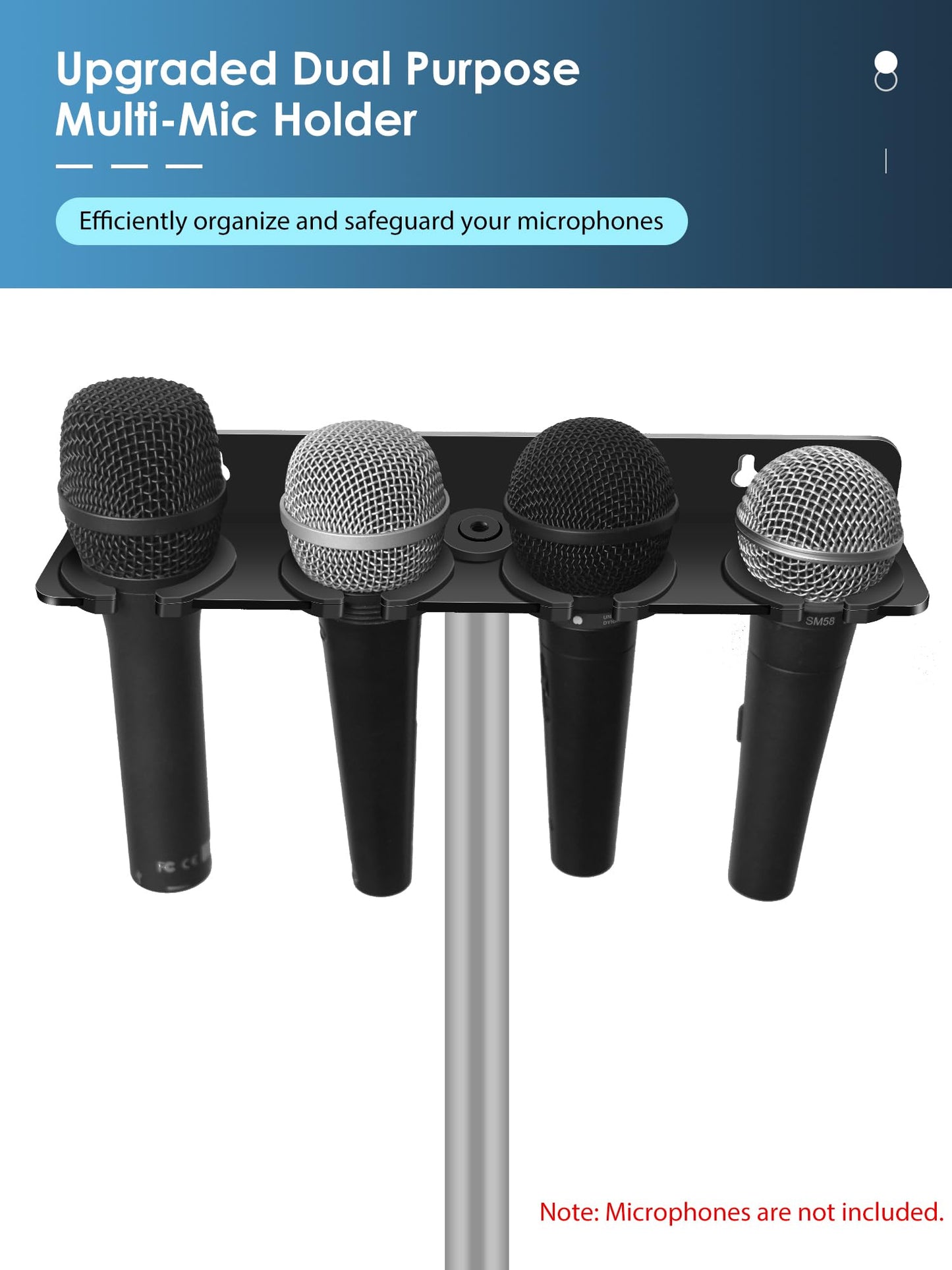Multi Microphone Holder (Aluminum) for Handheld Dynamic, Wired and Wireless Mics, Multiple Mic Organizer for Mic Stand, Rubber Padding/Wall Mounted or