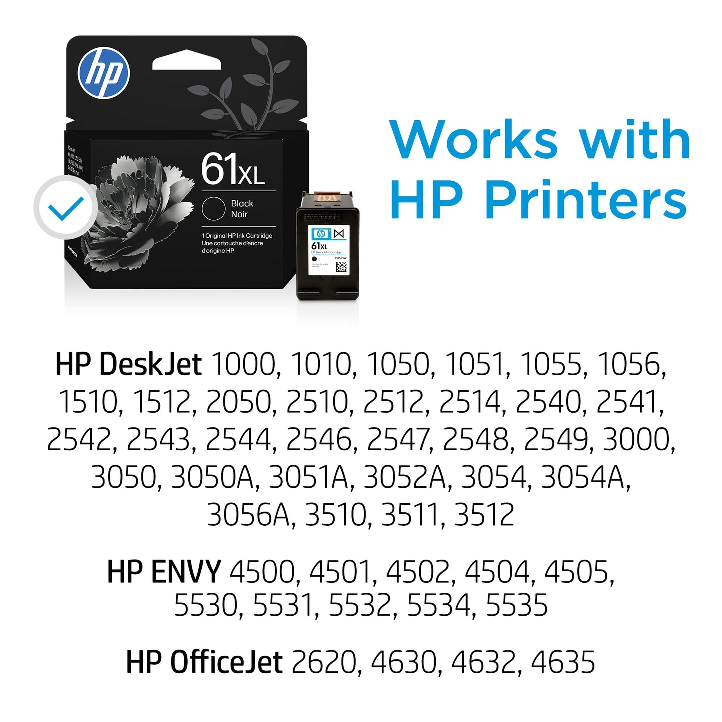 HP 61XL Black High-Yield Ink | Works with DeskJet 1000, 1010, 1050, 1510, 2050, 2510, 2540, 3000, 3050, 3510, Envy 4500, 5530, OfficeJet 2620, 4630 |