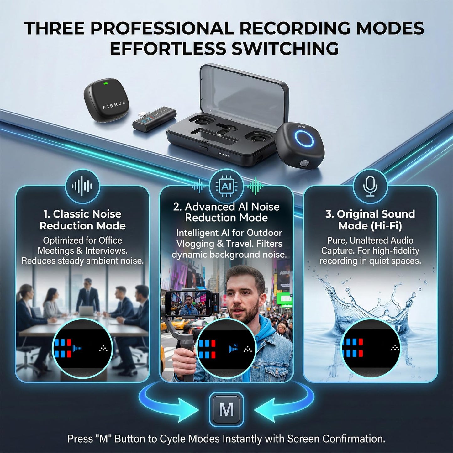 AIRHUG Wireless Lavalier Microphone for iPhone/Android/PC, 60H Battery, 48KHz 24Bit, Plug-Play Lightning/USB-C, 3 Recording Modes, AI Noise