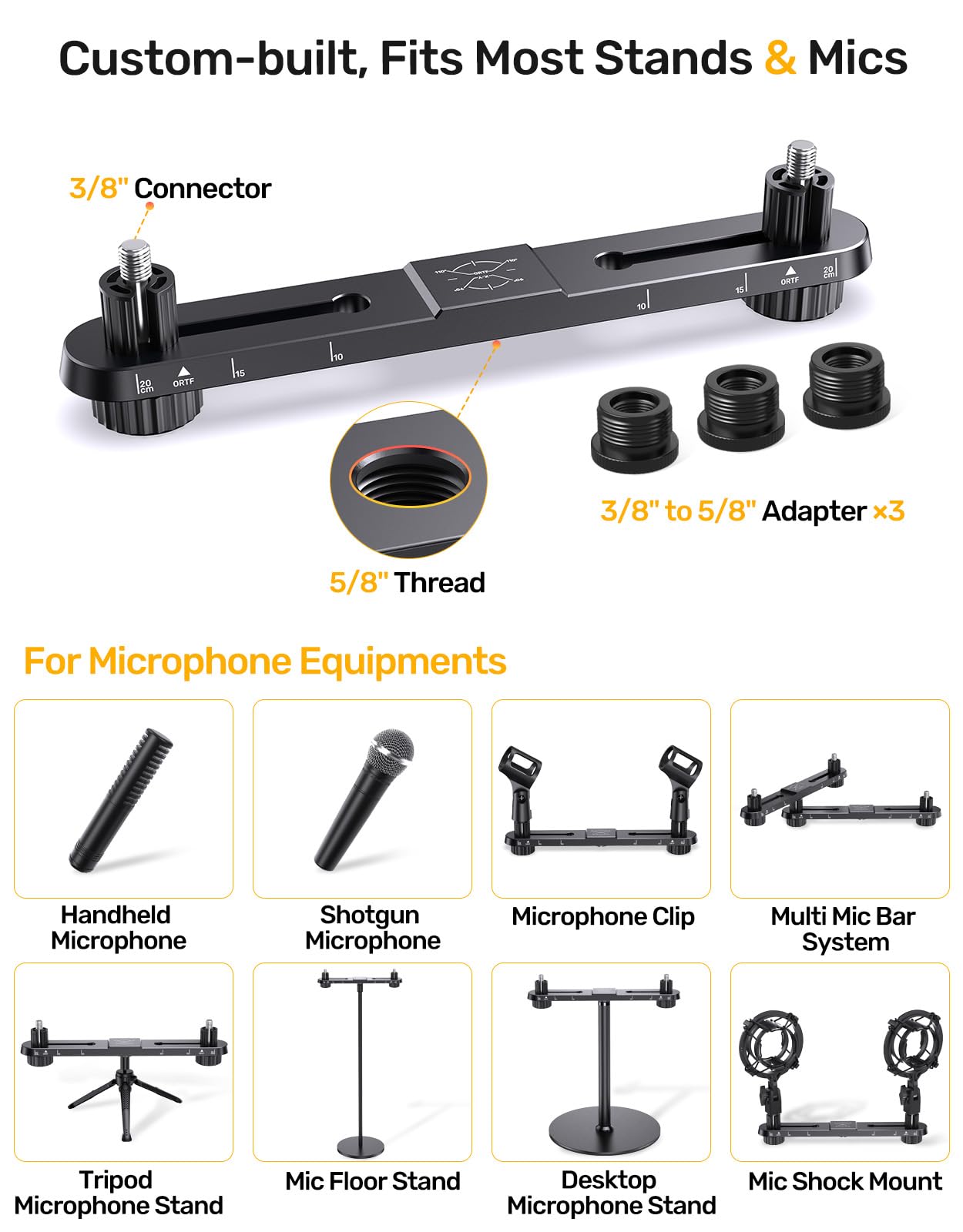 Stereo Mic Bar, Adjustable Dual Microphone Mount Bar,Universal Double Mic Holder for Stand,Precision Stereo Spacing Mic Bar for Podcast,Live