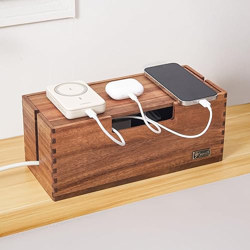 SANOSY Cable Management Box, Acacia Wood Cord Hider Organizer for Power Strips, TV, Desk & Floor Wires, Under Desk Cable Storage Box for Office & Home