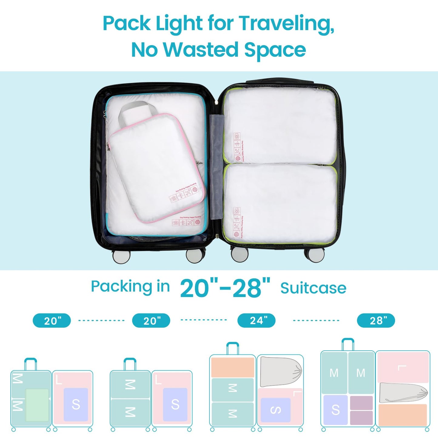 Cambond Compression Packing Cubes 4 Pack – Lightweight Expandable Luggage Organizers Travel Essentials Bags for Carry-On Suitcases, White