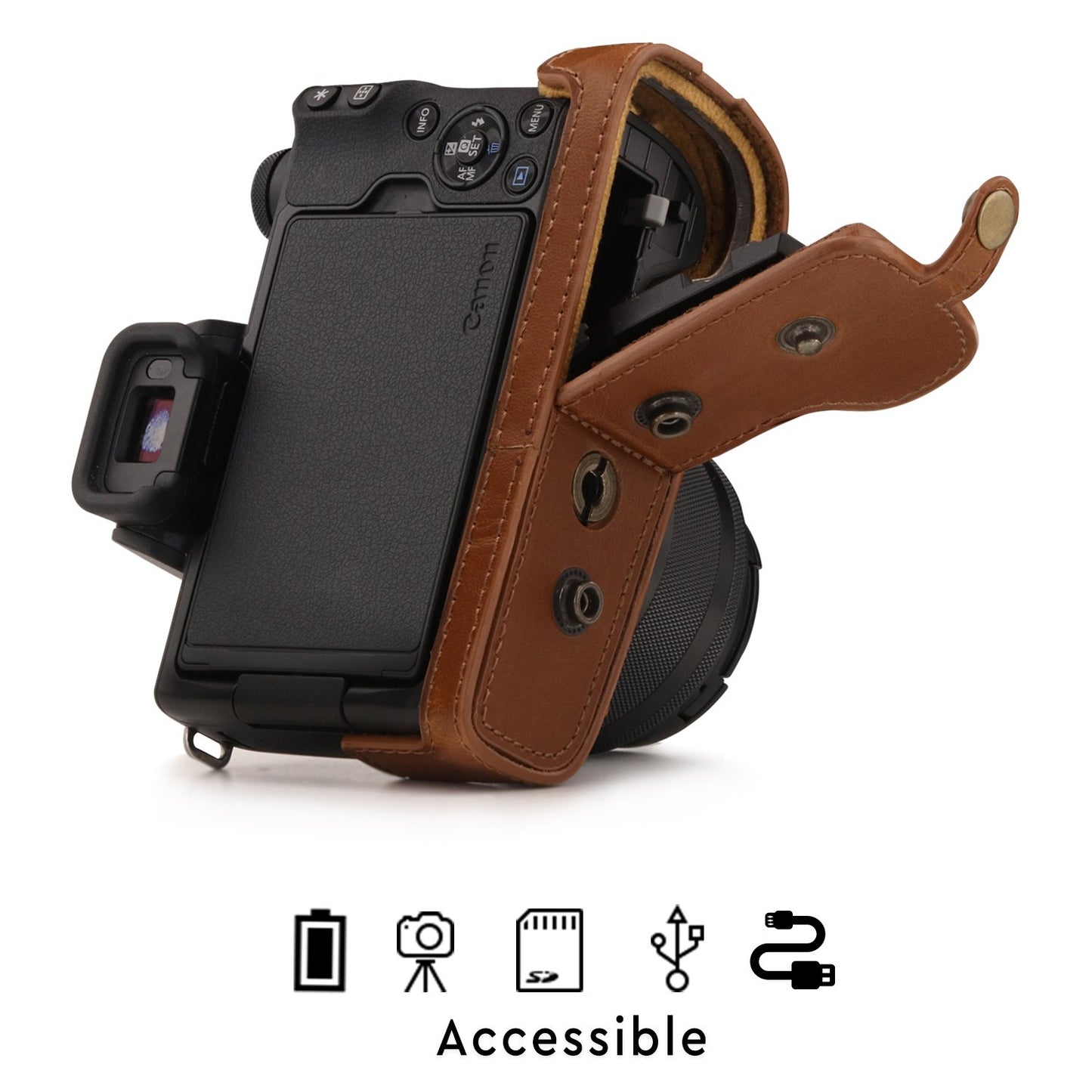 MegaGear Canon EOS M50 Leather Camera Case - Premium PU Leather Protective Cover, Ever Ready Design with Battery Access - 15-45mm Lens - Light Brown