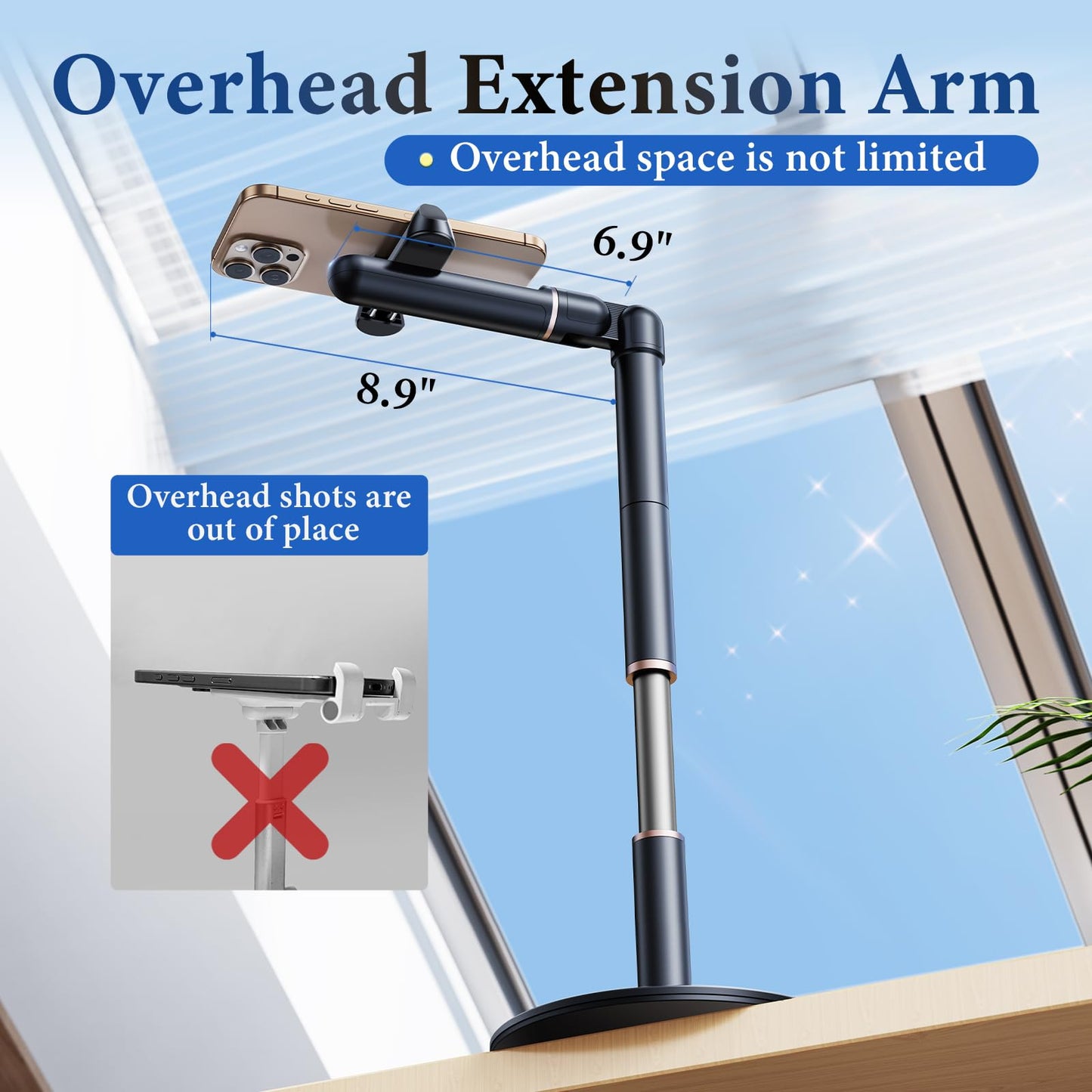 nediea Retractable Phone Stand for Desk,10.2-24.4in Height Adjustable Rotating Phone Holder for Recording,Aluminium Overhead Phone Mount for iPhone