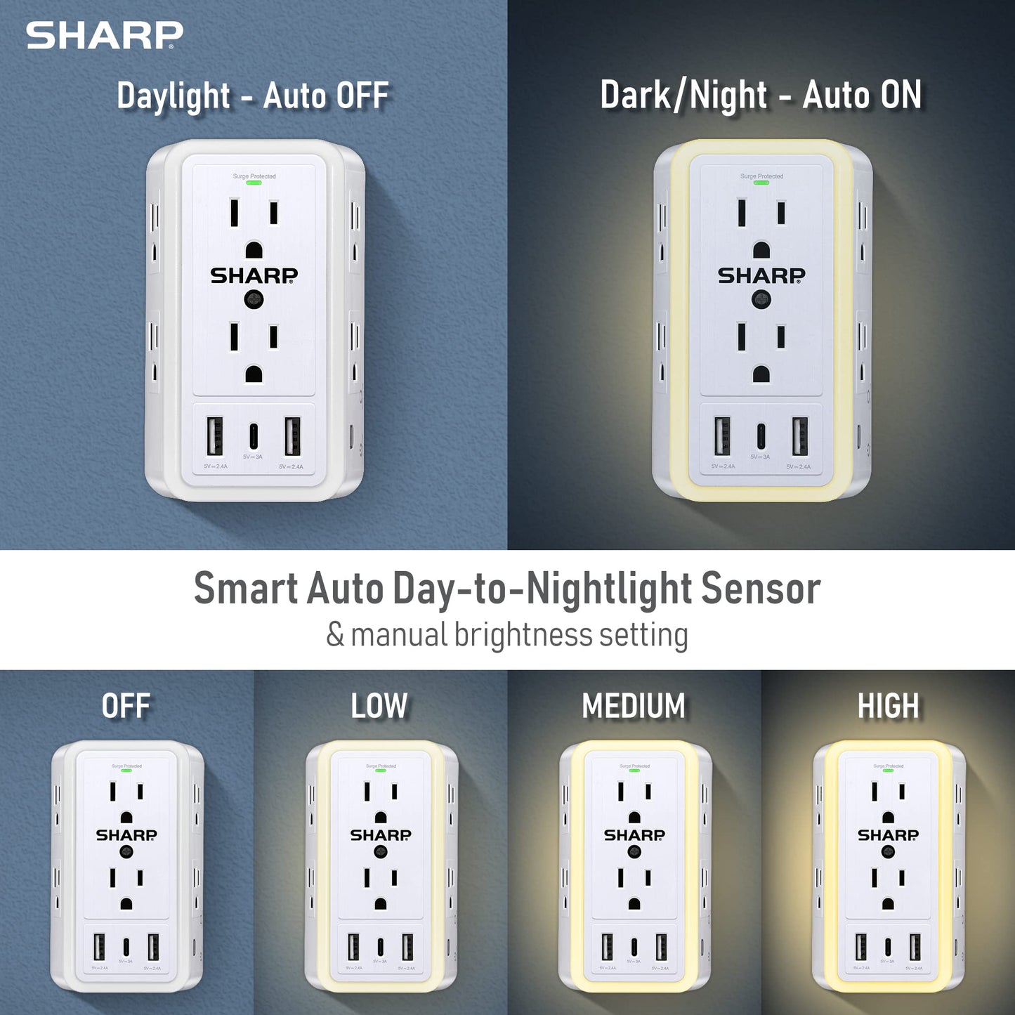 Sharp Wall Charger, Surge Protector, Outlet Extender With 6 Wide Spaced Outlets, Fast Charge, 2 USB-A and 1 Type-C, Smart AutoSense Nightlight, White