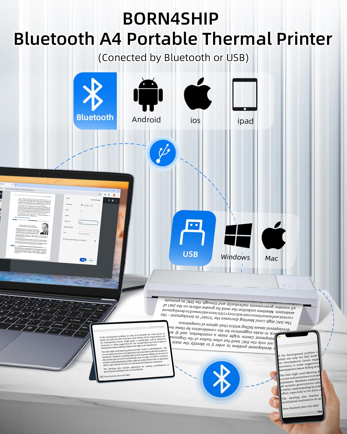 BORN4SHIP Portable Bluetooth Printer - Wireless Thermal Printer, Support Multi-Size Thermal Paper, Compatible with Android and iOS Phone & PC, 300DPI