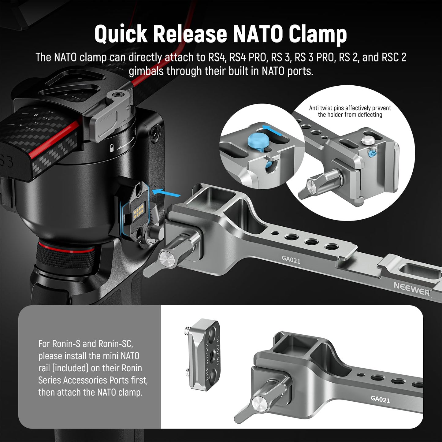 NEEWER NATO Monitor Mount for RS Gimbal, 360° Rotatable Field Monitor Holder with NATO Clamp Cold Shoe 1/4" Threads Compatible with DJI RS5 RS4 RS4