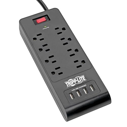 Tripp Lite Home Office Surge Protector with USB Charging, 8 Outlet Surge Protector Power Strip, 4 USB Ports, 6ft Cord, 1800 Joules, Black (TLP864USBB)