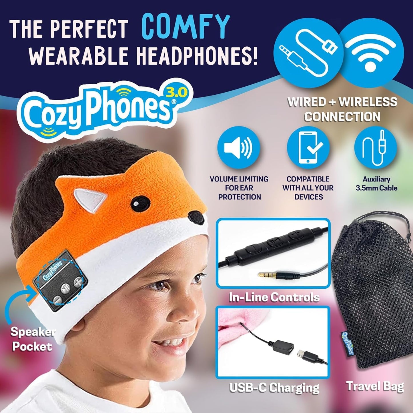 CozyPhones Toddler Headphones Wireless, Kids Bluetooth Earphones, Safe Volume - Wired School Headphones for Kids with 3.5 MM Jack and Travel Bag