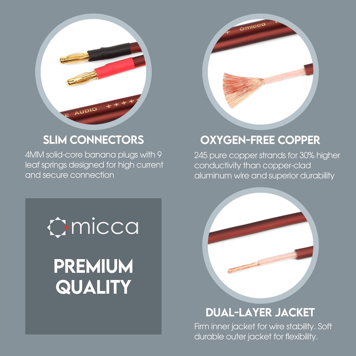 Micca 14 Gauge Pure Copper Speaker Cables, 13 Feet Each (4 Meters), 2 Pack Pair, Gold Plated Banana Plugs Connectors, Soldered Construction, Slim
