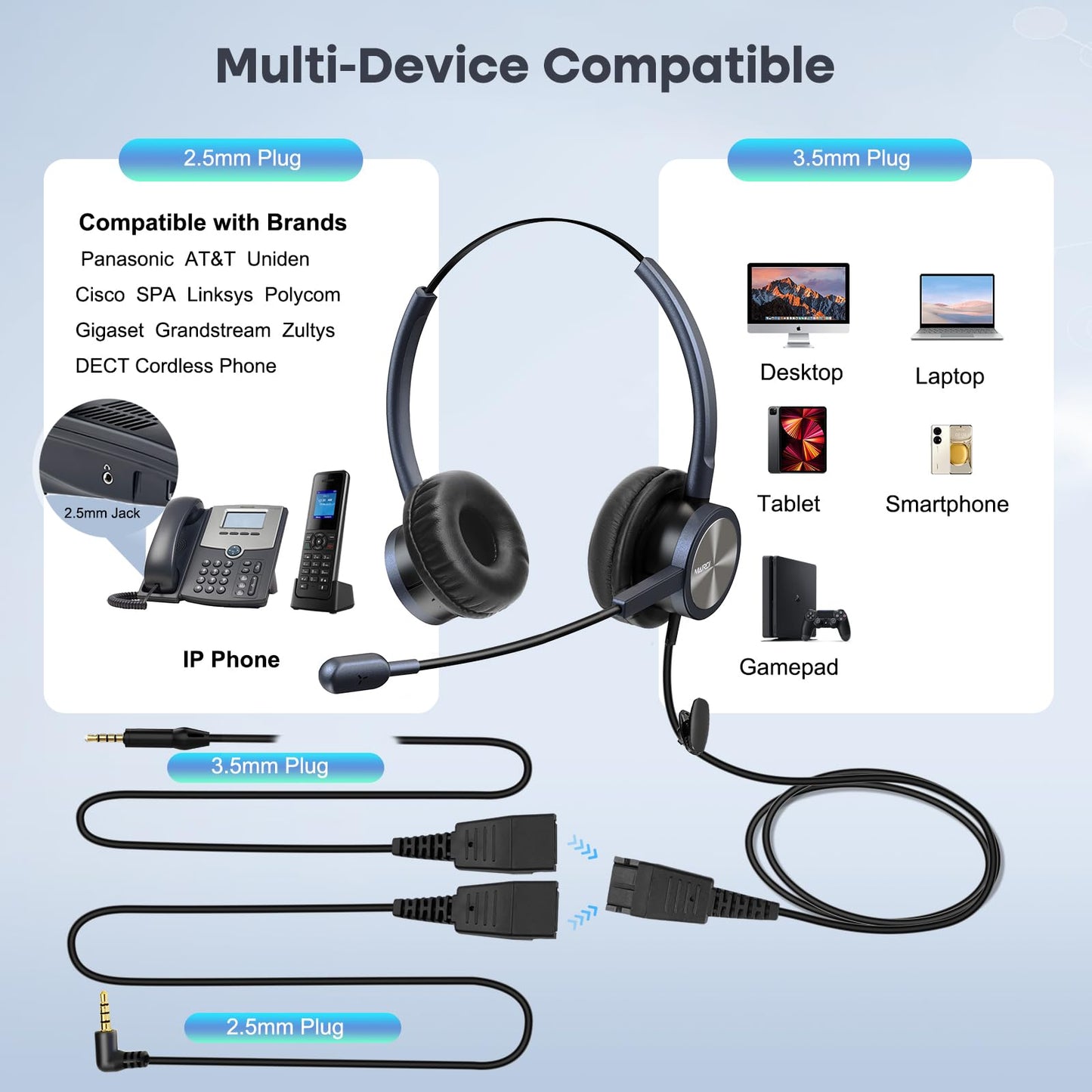 MAIRDI Phone Headset with 2.5mm & 3.5mm Connector for Deskphone Cell Phone PC Laptop, CallCenter Office Headset with Noise Cancelling Microphone