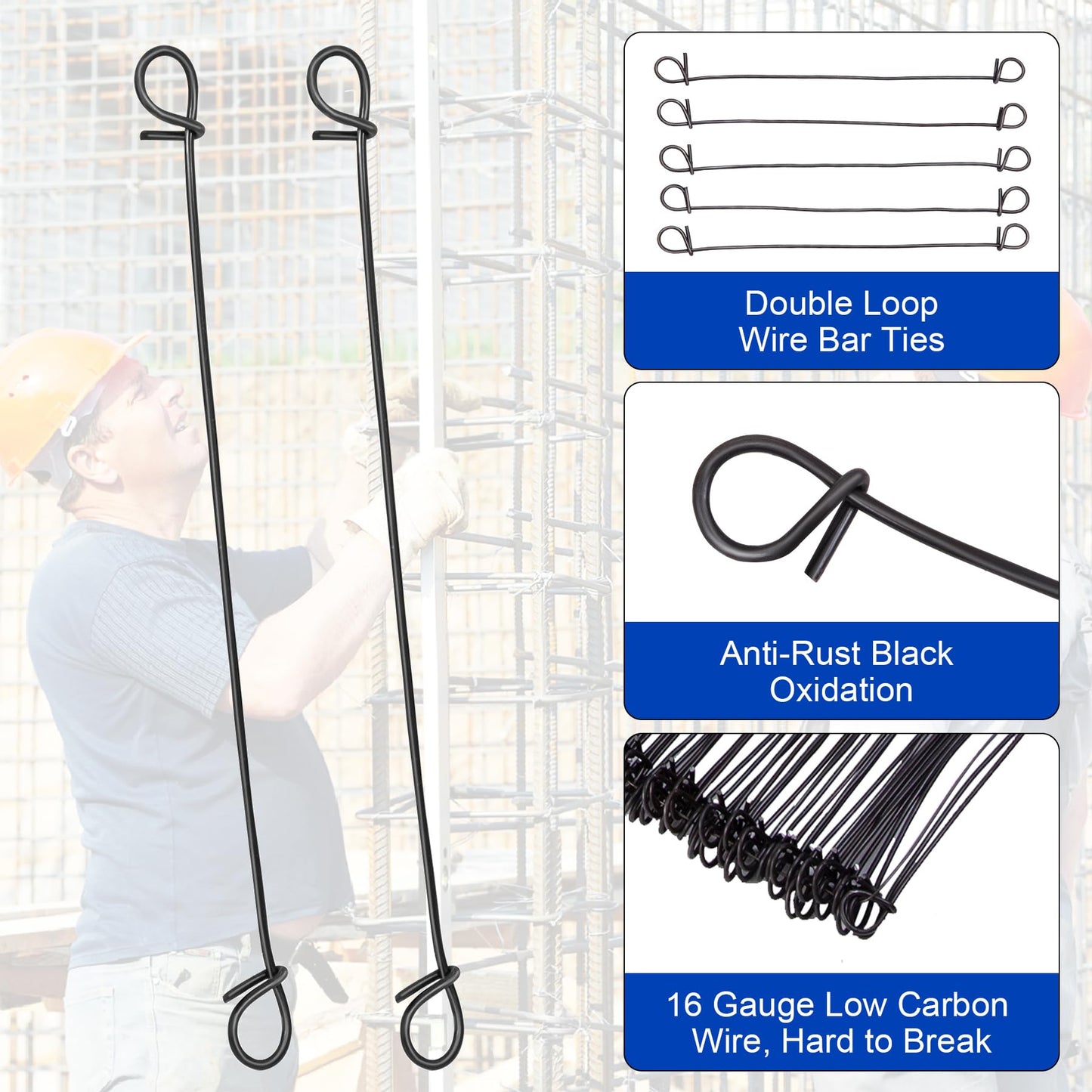 Breezliy 1000Pcs Double Loop Rebar Wire Bar Ties, 6.1" Double Loop, 16 Gauge, Black Steel, 10 Plastic Cable Ties, 3 Wire Tie Twisters, 2 Gloves