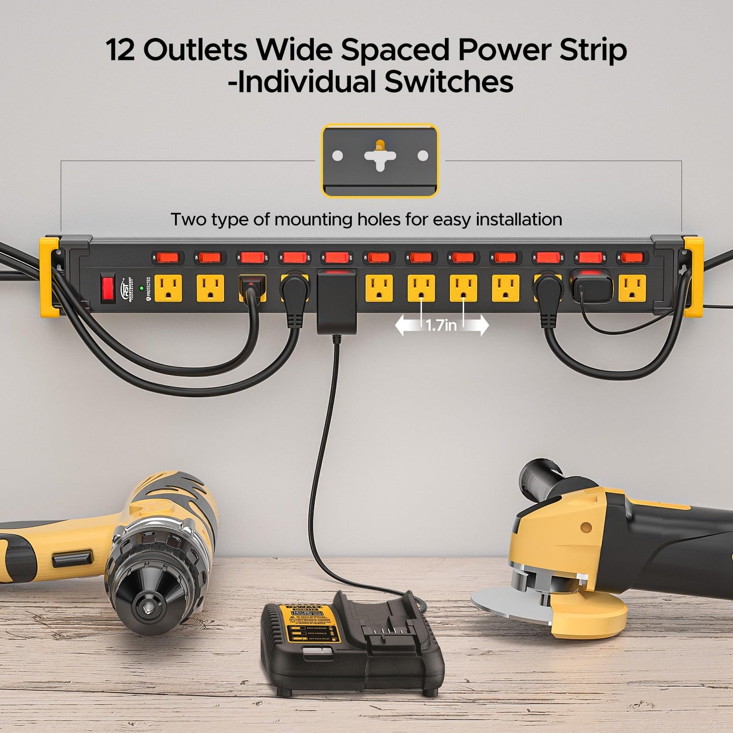 CRST 12 Outlet Heavy Duty Metal Power Strip with Individual Switches, 9FT Surge Protector Power Strip with Cord Managment, 15A/1875W 1020J Wide Spaced